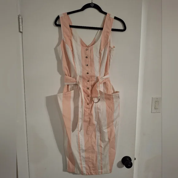 Striped Button Front Sleeveless Dress with Belt - Picture 1 of 8